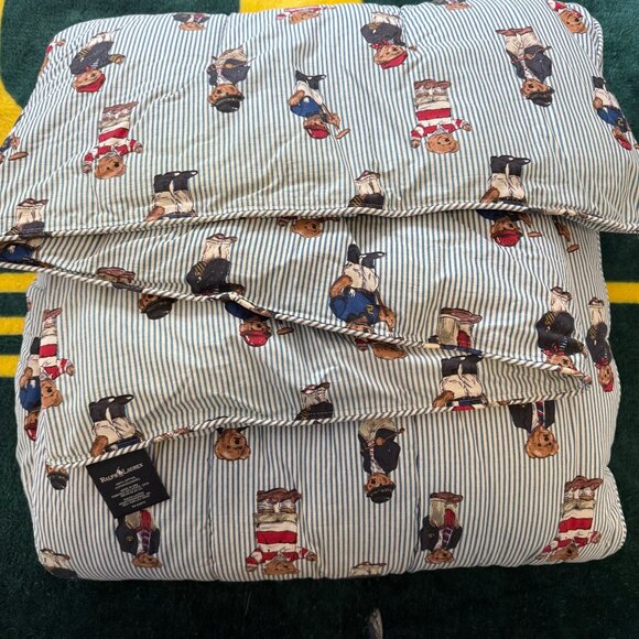 Ralph Lauren Polo Vtg Teddy Bear Blue Stripe Twin Comforter & 3 Pillow Cases - Picture 3 of 13